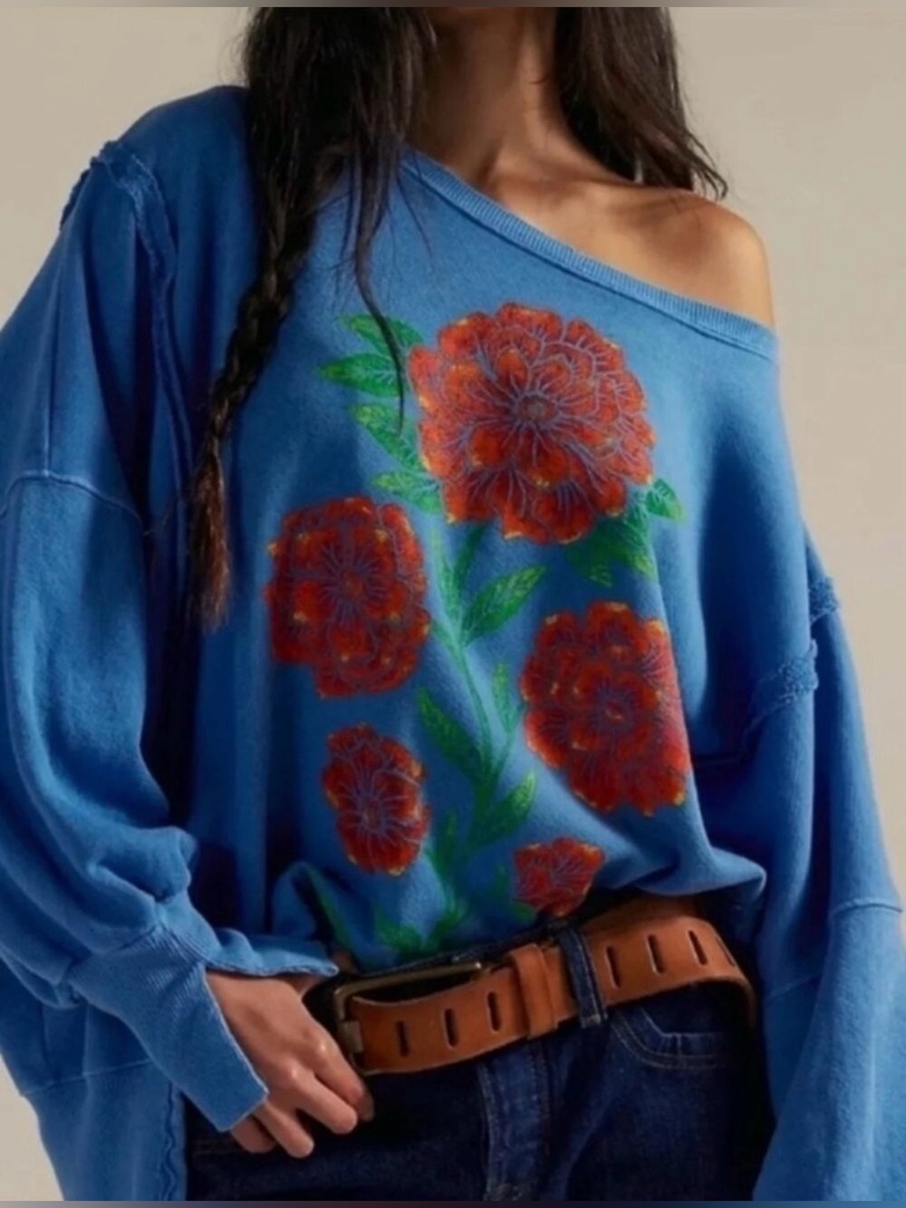 Blue Floral Off-Shoulder Women's Sweatshirt
